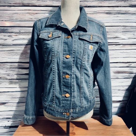 Vintage Carhartt Women's Denim Jacket Indigo Blue Size SP Pockets Light Wash - Picture 1 of 15